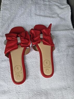 Red Satin Bow Slide Mules with Rhinestone Accent